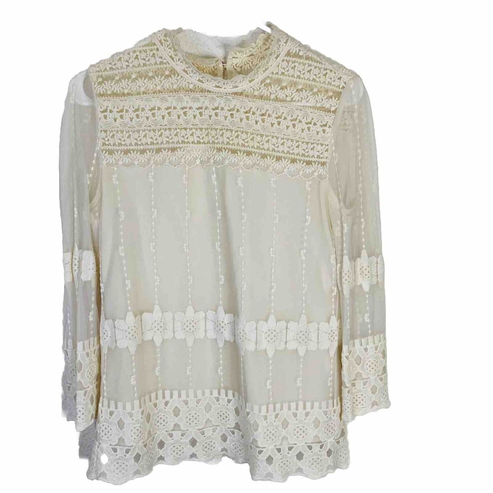 Roem Women Ivory‎ Long Sleeve Lined Embroidered Sheer Sleeve High Neck Blouse M